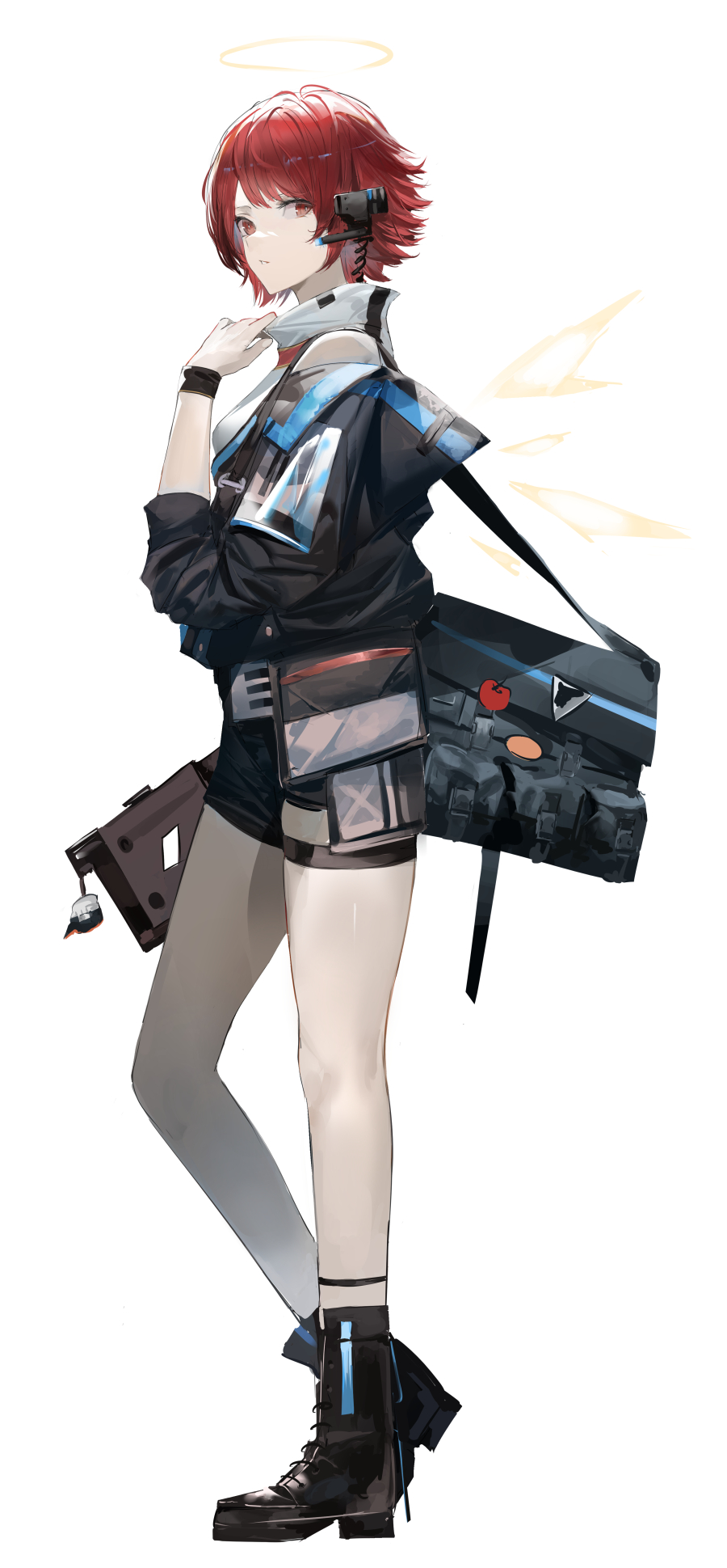 1girl arknights bag black_footwear black_jacket black_shorts blazpu boots brown_eyes commission detached_wings earpiece exusiai_(arknights) exusiai_(midnight_delivery)_(arknights) full_body halo highres jacket official_alternate_costume parted_lips redhead shirt short_hair shorts simple_background solo white_background white_shirt wings