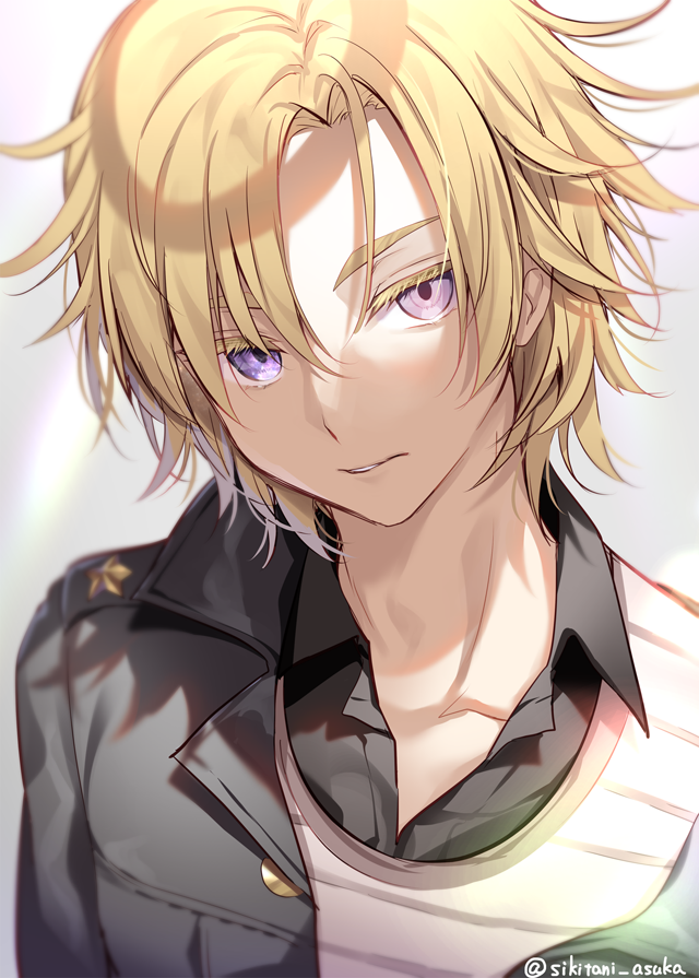 1boy bangs black_jacket black_shirt blonde_hair collared_shirt colored_eyelashes commentary_request daybit_sem_void dress_shirt fate/grand_order fate_(series) grey_background hair_between_eyes jacket looking_at_viewer male_focus off_shoulder open_clothes open_jacket parted_bangs parted_lips shikitani_asuka shirt solo striped striped_shirt thick_eyebrows twitter_username upper_body violet_eyes white_shirt
