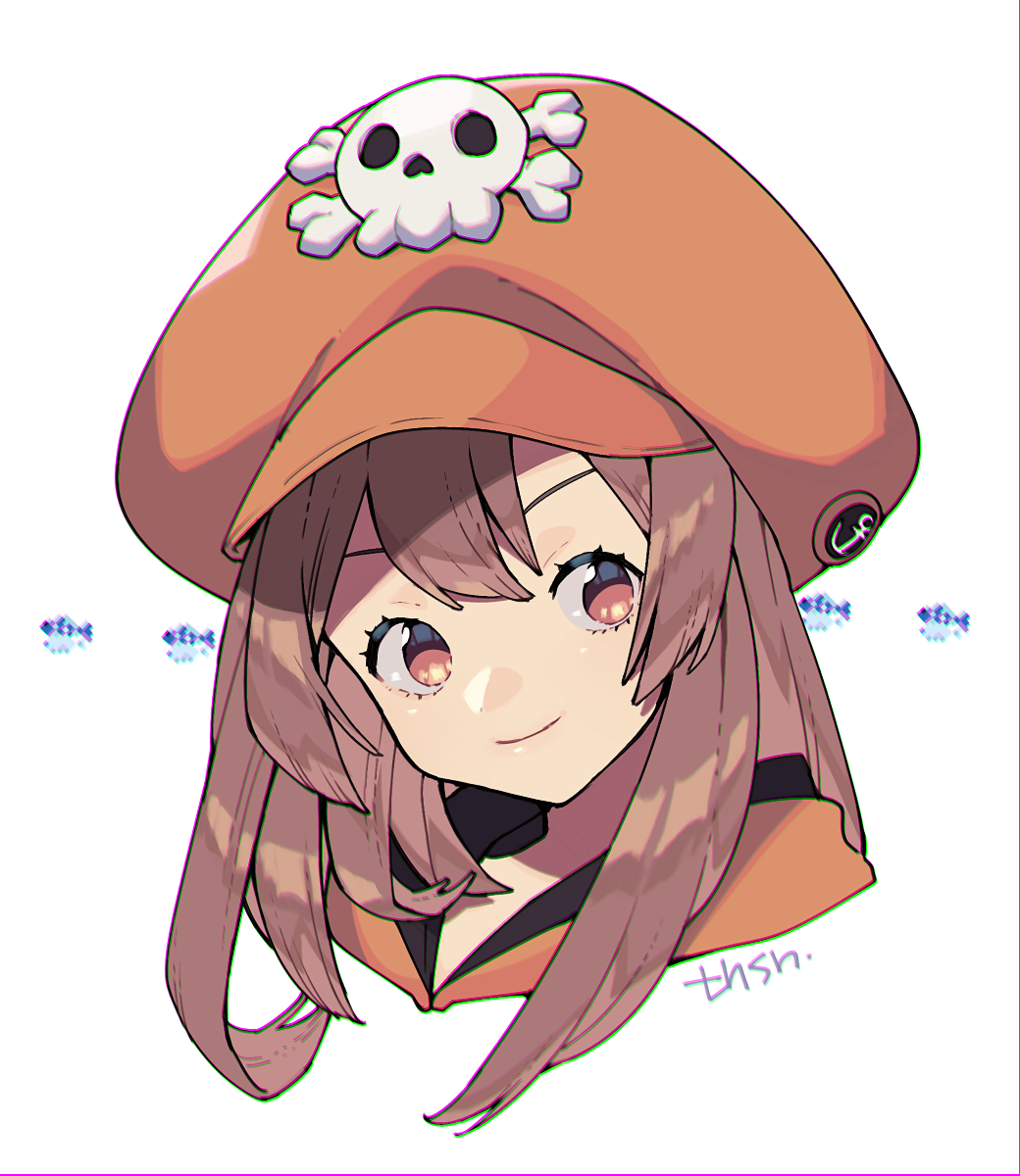 1girl brown_eyes brown_hair closed_mouth guilty_gear guilty_gear_strive hat highres hood hoodie long_hair looking_at_viewer may_(guilty_gear) murata_tefu orange_headwear orange_hoodie pirate_hat simple_background skull_and_crossbones smile solo white_background