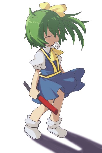 1girl ascot bangs blue_skirt blue_vest boots bow closed_eyes closed_mouth collared_shirt cookie_(touhou) daiyousei diyusi_(cookie) flat_chest full_body green_hair hair_bow high-visibility_vest holding nahori_(hotbeans) puffy_short_sleeves puffy_sleeves shadow shirt short_sleeves side_ponytail simple_background skirt solo standing touhou traffic_baton vest whistle white_background white_footwear white_shirt yellow_ascot yellow_bow