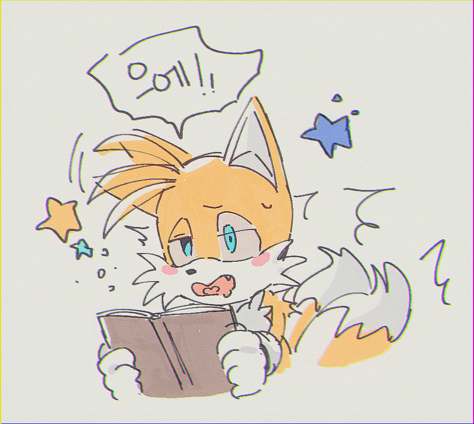 1boy animal_ears animal_nose banri_0917 blue_eyes blush book commentary_request fang fox_boy fox_ears fox_tail furry furry_male gloves grey_background holding holding_book korean_commentary korean_text male_focus multiple_tails open_mouth simple_background solo sonic_(series) speech_bubble star_(symbol) tail tails_(sonic) translation_request two_tails upper_body white_gloves