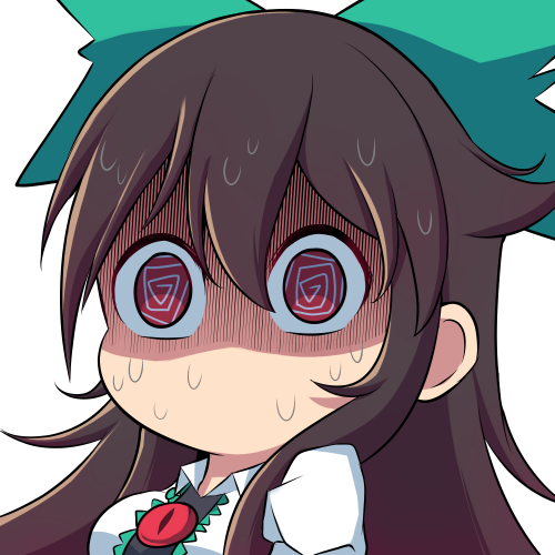 1girl @_@ blush bmkro bow brown_hair commentary english_commentary green_bow hair_bow long_hair lowres nervous no_mouth red_eyes reiuji_utsuho shaded_face shirt simple_background solo sweat sweating_profusely touhou transparent_background upper_body white_shirt