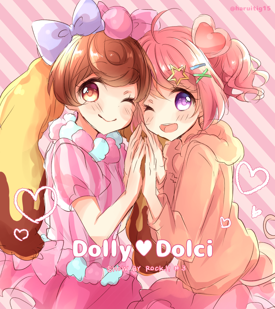 2girls animal_ears brown_eyes brown_hair candy_lapin_(show_by_rock!!) group_name haru_ichigo looking_at_viewer lop_rabbit_ears multiple_girls one_eye_closed pig_ears pig_girl pig_macaron_(show_by_rock!!) pig_tail pink_hair rabbit_ears rabbit_girl short_hair show_by_rock!! tail tareme twintails violet_eyes