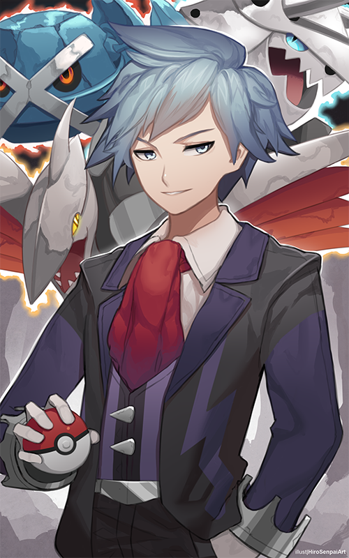 1boy aggron bangs belt_buckle black_pants buckle collared_shirt commentary grey_eyes grey_hair hand_in_pocket hirosenpai holding holding_poke_ball jacket looking_down male_focus metagross necktie open_clothes open_jacket pants parted_lips poke_ball poke_ball_(basic) pokemon pokemon_(creature) pokemon_(game) pokemon_oras red_necktie shirt short_hair skarmory smile steven_stone vest white_shirt