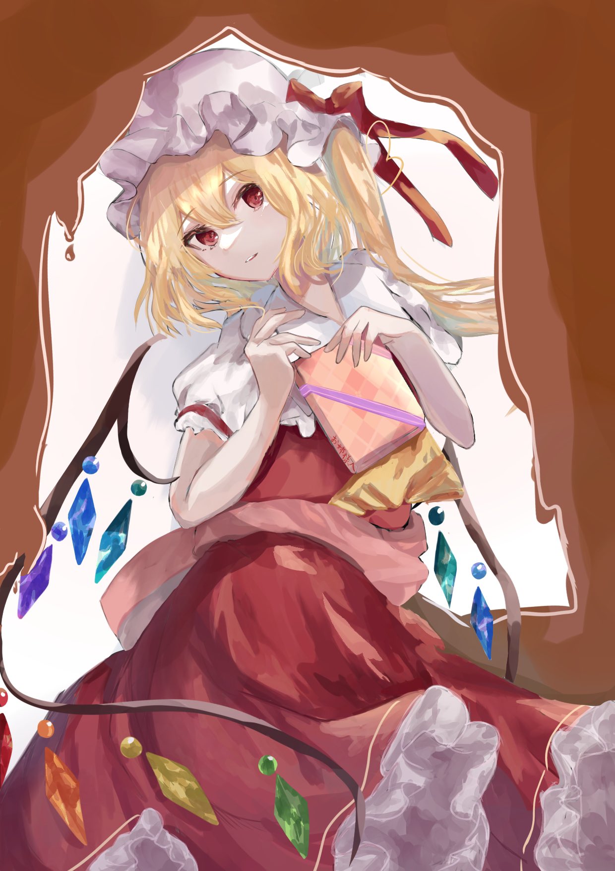 1girl bangs blonde_hair crystal expressionless flandre_scarlet hair_between_eyes hat hat_ribbon highres looking_at_viewer mob_cap parted_lips puffy_sleeves red_eyes red_vest ribbon short_sleeves skirt solo touhou tsukishiro vest wings