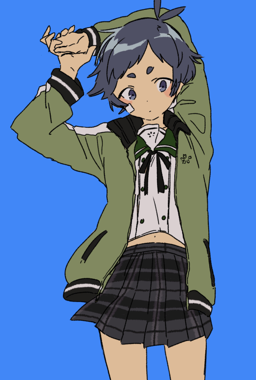 1girl androgynous bandaid bandaid_on_cheek bandaid_on_face blue_background blue_eyes blue_hair dark_blue_hair ensemble_girls! facing_viewer green_jacket green_sailor_collar jacket kimisaki_school_uniform long_sleeves looking_down sailor_collar school_uniform shirt short_bangs short_hair sketch ume_chazuke_(rid) white_shirt yakabe_hikaru