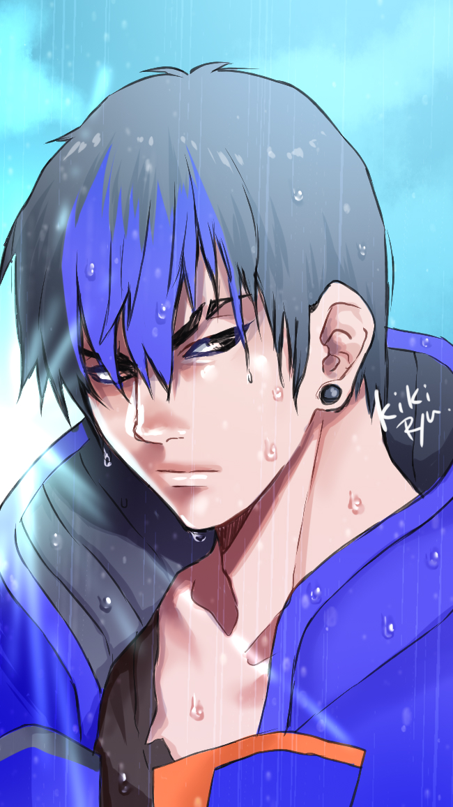 1boy alternate_hairstyle animification artist_name black_eyes black_hair black_shirt blue_hair blue_jacket collarbone earrings frown jacket jewelry looking_to_the_side male_focus meteolance multicolored_hair portrait shirt solo streaked_hair v-shaped_eyebrows valorant water yoru_(valorant)