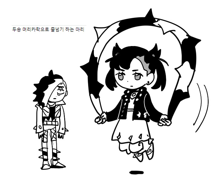 1boy 1girl brother_and_sister cropped_jacket dede_(qwea_00000) detached_hair earrings greyscale jacket jewelry jump_rope jumping marnie_(pokemon) monochrome pendant_choker piers_(pokemon) pokemon pokemon_(game) pokemon_swsh siblings simple_background source_request standing translation_request twintails white_background