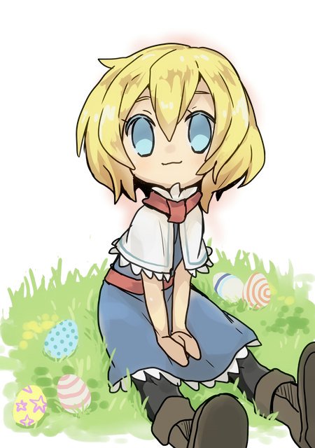 1girl alice_margatroid bangs between_legs black_pantyhose blonde_hair blue_dress blue_eyes boots brown_footwear capelet closed_mouth cookie_(touhou) dress easter_egg egg frilled_capelet frilled_dress frills full_body grass hair_between_eyes hand_between_legs looking_at_viewer nahori_(hotbeans) pantyhose red_sash red_scarf sash scarf short_hair sitting smile solo star_(symbol) touhou web_(cookie) white_capelet
