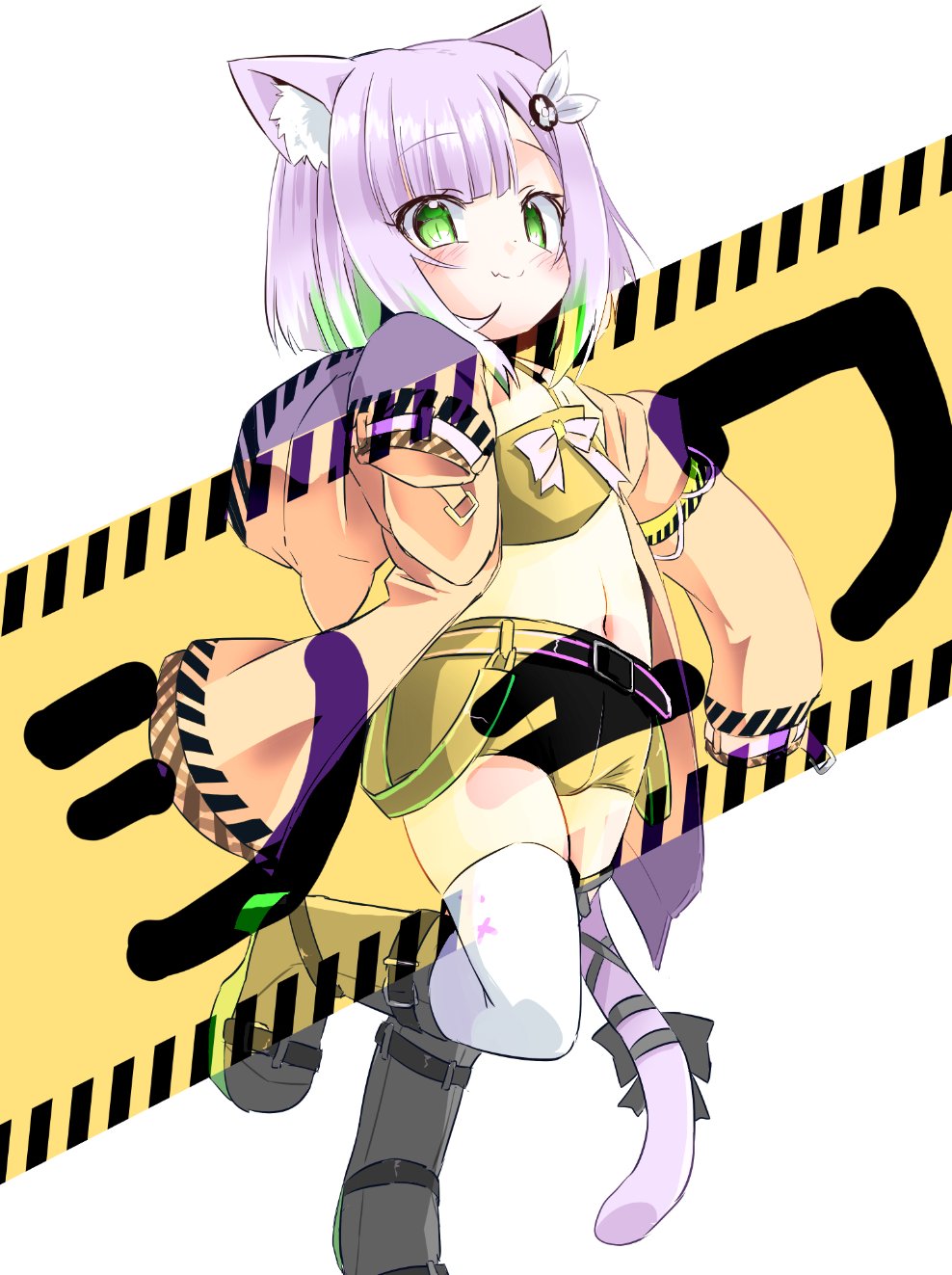 1girl animal_ear_fluff animal_ears belt black_footwear black_shorts boots camisole cat_ears cat_girl cat_tail coat freezeunagi green_eyes highres indie_virtual_youtuber navel orange_coat purple_hair ribbon short_hair short_shorts shorts shwaa sleeves_past_wrists smile solo standing standing_on_one_leg tail tail_ornament tail_ribbon thigh-highs thighs virtual_youtuber white_thighhighs yellow_camisole
