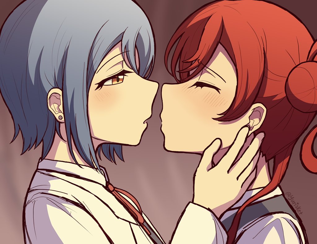 2girls blue_hair blurry blurry_background blush brown_eyes closed_eyes earrings english_commentary from_side hair_behind_ear hair_bun hands_on_another's_face head_tilt imminent_kiss jewelry labcoat long_hair love_live! love_live!_superstar!! multiple_girls neck_ribbon red_ribbon ribbon shirt short_hair single_side_bun sket_(yurisket) wakana_shiki white_shirt yoneme_mei yuri