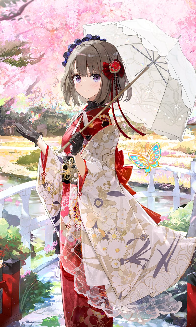 1girl bangs black_gloves blush bridge brown_hair bug butterfly cherry_blossoms closed_mouth floral_print flower fuumi_(radial_engine) gloves hair_flower hair_ornament hair_ribbon hand_up highres holding holding_umbrella japanese_clothes kanzashi kimono long_sleeves looking_at_viewer medium_hair obi original outdoors parasol pink_flower print_kimono red_flower red_kimono ribbon sash smile solo standing stream tree umbrella violet_eyes wide_sleeves