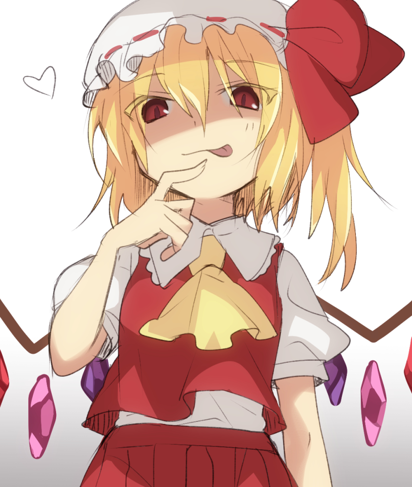 1girl :p ascot bangs blonde_hair breasts closed_mouth collared_shirt commentary cowboy_shot crystal flandre_day flandre_scarlet frilled_shirt_collar frills gradient_background grey_background hair_between_eyes hat hat_ribbon heart looking_at_viewer medium_hair mob_cap nahori_(hotbeans) one_side_up puffy_short_sleeves puffy_sleeves red_eyes red_ribbon red_skirt red_vest ribbon shaded_face shirt short_sleeves skirt skirt_set slit_pupils small_breasts smile solo tongue tongue_out touhou vest white_background white_headwear white_shirt wings yellow_ascot
