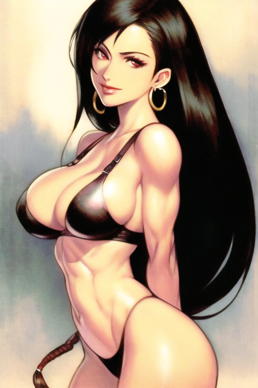 1girl abs athanasios bangs bare_shoulders bikini black_bikini black_hair blush breasts cleavage copyright_request curvy earrings final_fantasy final_fantasy_vii jewelry large_breasts long_hair looking_at_viewer merged_model model_request muscular muscular_female narrow_waist navel non-web_source novelai outdoors red_eyes self_upload skindentation sky smile solo swimsuit thick_thighs thighs tifa_lockhart toned underwear very_long_hair wide_hips
