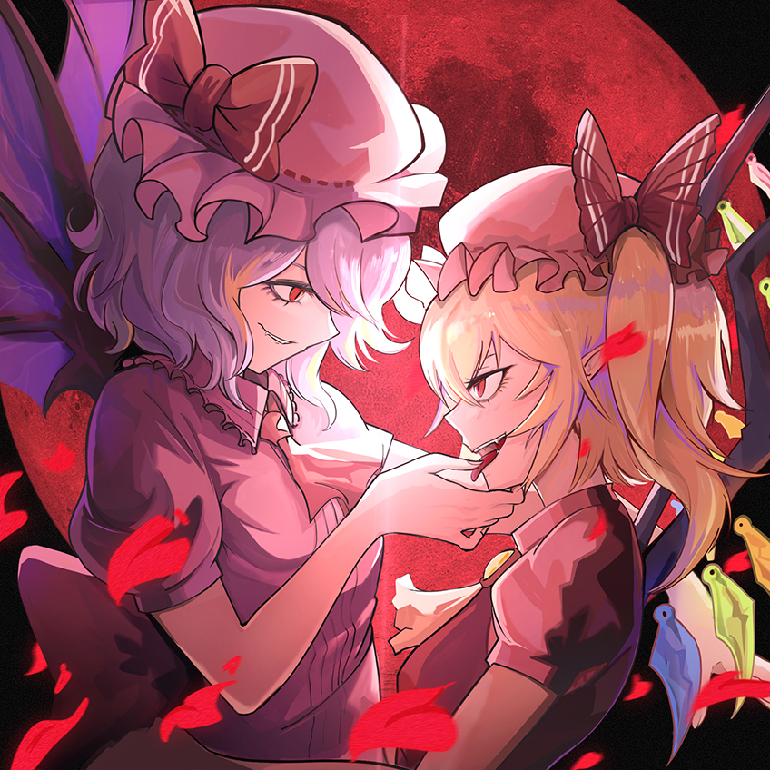 2girls ascot baihe_cheng bat_wings biting blonde_hair bow brooch chinese_commentary collared_shirt commentary_request crystal fang flandre_scarlet frilled_shirt_collar frills hand_on_another's_chin hat hat_bow incest jewelry light_purple_hair lip_biting looking_at_another mob_cap moon multiple_girls one_side_up pink_headwear pink_shirt pink_skirt puffy_short_sleeves puffy_sleeves red_ascot red_bow red_eyes red_moon red_vest remilia_scarlet shirt short_hair short_sleeves siblings side_ponytail sisters skirt slit_pupils tongue tongue_out touhou vampire vest white_headwear white_shirt wings yuri