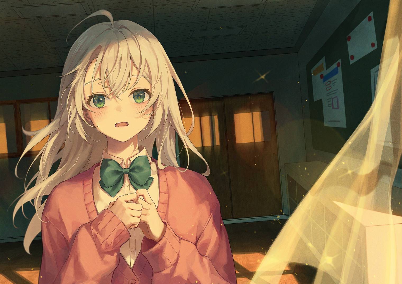 1girl ahoge bangs blush board bow classroom collarbone collared_shirt curtains door floating_hair green_bow green_eyes hand_on_own_chest long_hair long_sleeves looking_at_viewer novel_illustration official_art open_mouth parted_lips pink_sweater r_o_ha shimotsuki-san_wa_mob_ga_suki shimotsuki_shiho shirt skirt solo sweater upper_body white_hair white_skirt window