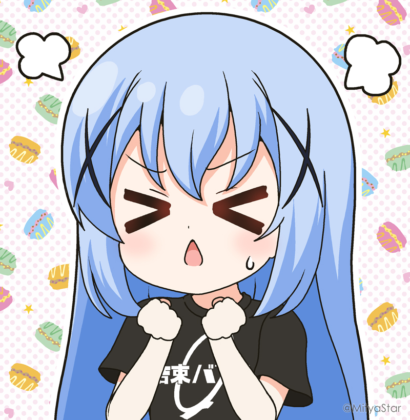 &gt;_&lt; 1girl bangs blue_hair blush bocchi_the_rock! chestnut_mouth clenched_hands closed_eyes clothes_writing commentary_request facing_viewer gochuumon_wa_usagi_desu_ka? hair_between_eyes hair_ornament hands_up kafuu_chino long_hair mitya open_mouth outline polka_dot polka_dot_background solo sweat translation_request twitter_username upper_body white_background white_outline x_hair_ornament