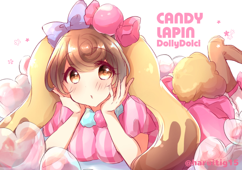 1girl animal_ears brown_eyes brown_hair candy_lapin_(show_by_rock!!) character_name copyright_name dress haru_ichigo head_rest looking_at_viewer lop_rabbit_ears pink_dress rabbit_ears rabbit_girl short_hair show_by_rock!! solo striped striped_dress tareme twitter_username