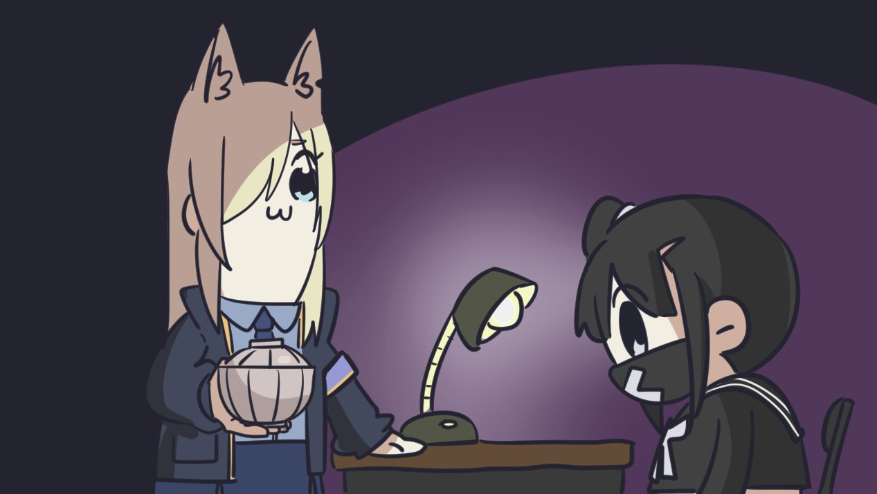 2girls :3 animal_ear_fluff armband bkub_(style) black_eyes black_hair black_shirt blonde_hair blue_archive blue_eyes blue_necktie blue_shirt blue_skirt bowl chair hair_over_one_eye hand_on_table holding holding_bowl jacket kanna_(blue_archive) lamp long_hair mask mouth_mask multiple_girls necktie notched_ear parody poptepipic scene_reference seal_007 shirt side_ponytail sidelocks sitting skirt standing sukeban_(smg)_(blue_archive) surgical_mask table