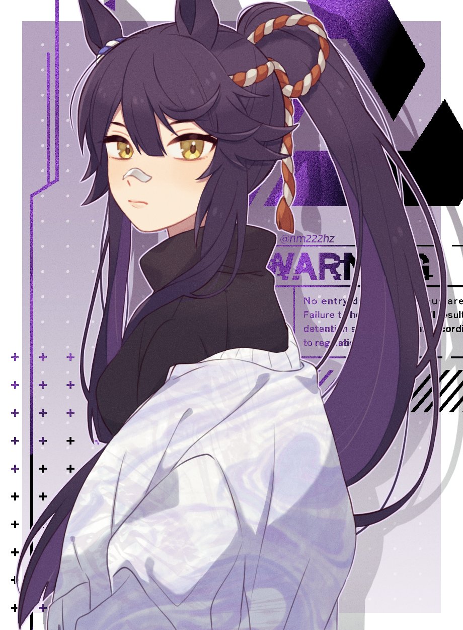 1girl alternate_costume animal_ears bandaid bandaid_on_face bandaid_on_nose bangs black_hair black_sweater breasts closed_mouth english_text highres horse_ears jacket long_hair long_sleeves looking_at_viewer looking_to_the_side narita_brian_(umamusume) nm222hz official_art ponytail rope shimenawa small_breasts solo sweater turtleneck turtleneck_sweater twitter_username umamusume unmoving_pattern upper_body white_jacket yellow_eyes