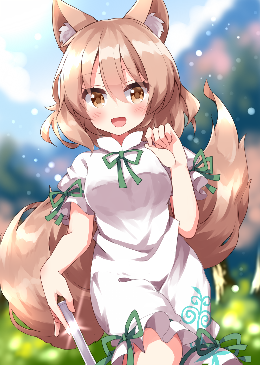 1girl :d animal_ear_fluff animal_ears bangs blurry blurry_background blush breasts brown_eyes day depth_of_field fox_ears fox_tail glint green_ribbon hair_between_eyes hand_up highres holding holding_test_tube kudamaki_tsukasa light_brown_hair light_particles looking_at_viewer medium_breasts neck_ribbon open_mouth outdoors puffy_short_sleeves puffy_sleeves ribbon ruu_(tksymkw) short_sleeves smile solo tail test_tube touhou white_romper