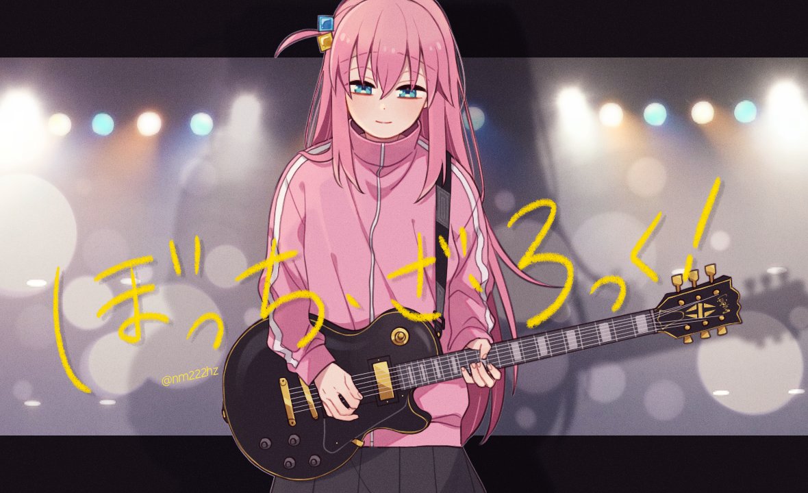 1girl bangs black_skirt blue_eyes blurry bocchi_the_rock! bokeh closed_mouth copyright_name cube_hair_ornament depth_of_field gotou_hitori guitar hair_ornament holding holding_instrument instrument jacket long_hair long_sleeves nm222hz one_side_up open_clothes open_jacket pink_hair pink_jacket skirt smile solo stage_lights twitter_username
