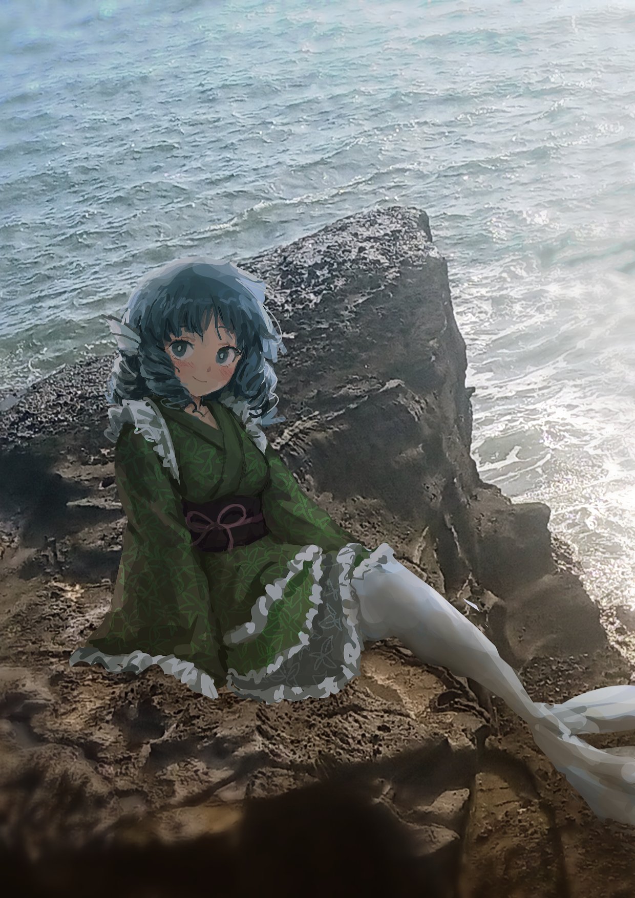 1girl bangs blue_eyes blue_hair bright_pupils closed_mouth commentary drill_locks english_commentary frilled_kimono frills full_body green_kimono head_fins highres himuhino japanese_clothes kimono looking_at_viewer medium_hair mermaid ocean outdoors rock smile solo touhou wakasagihime white_pupils