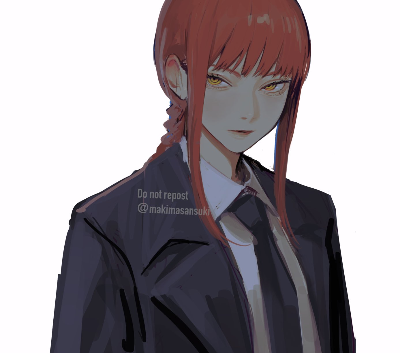 1girl bangs black_coat black_necktie braid braided_ponytail chainsaw_man coat collared_shirt expressionless formal highres kamo_(kamonegioisi) looking_at_viewer makima_(chainsaw_man) medium_hair necktie redhead ringed_eyes shirt sidelocks simple_background solo suit twitter_username watermark white_background white_shirt yellow_eyes