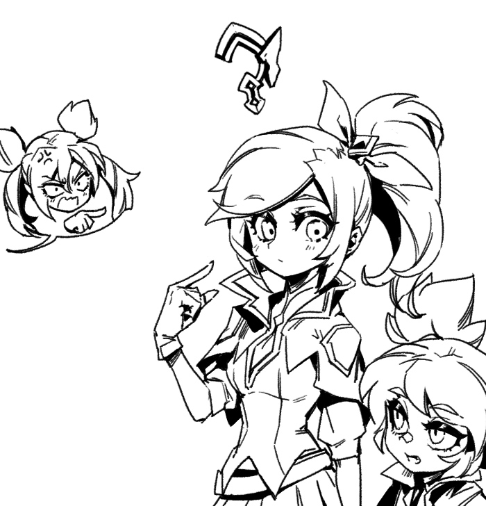 3girls ? anger_vein bangs battle_academia_lux blush breasts capelet gloves greyscale jinx_(league_of_legends) large_breasts league_of_legends lux_(league_of_legends) monochrome multiple_girls official_alternate_costume open_mouth phantom_ix_row pleated_skirt pointing pointing_at_another pointing_at_self ponytail poppy_(league_of_legends) short_sleeves skirt spoken_character twintails upper_body yordle
