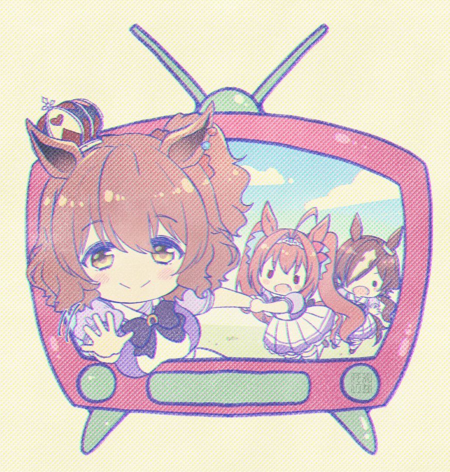 3girls ahoge animal_ears arai_cherry aston_machan_(umamusume) blush_stickers bow bowtie breasts brown_hair chibi chromatic_aberration closed_mouth crown daiwa_scarlet_(umamusume) hair_over_one_eye horse_ears large_breasts long_hair motion_lines multiple_girls one_side_up open_mouth purple_shirt reaching_towards_viewer school_uniform seal_impression shirt skirt smile solid_circle_eyes television thigh-highs through_screen tracen_school_uniform twintails umamusume vodka_(umamusume) watermark waving white_skirt yellow_eyes