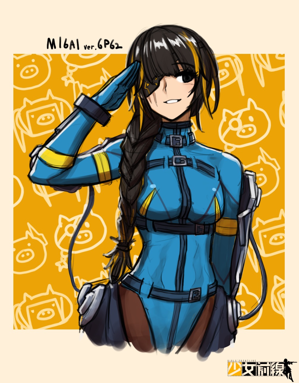 1girl 6p62_(girls'_frontline) bangs belt black_hair bodysuit braid breasts character_name cheogtanbyeong commentary_request copyright_name cosplay eyepatch girls_frontline highres long_hair looking_at_viewer m16a1_(girls'_frontline) multicolored_hair open_mouth orange_hair salute scar scar_on_face smile solo streaked_hair teeth