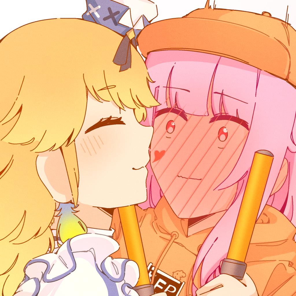 2girls blush closed_eyes closed_mouth drawstring earrings feather_earrings feathers full-face_blush hat heart hololive hololive_english hood hood_down hoodie hyurisaki jewelry mini_hat mori_calliope multiple_girls orange_hair orange_headwear orange_hoodie pink_hair takanashi_kiara virtual_youtuber yuri