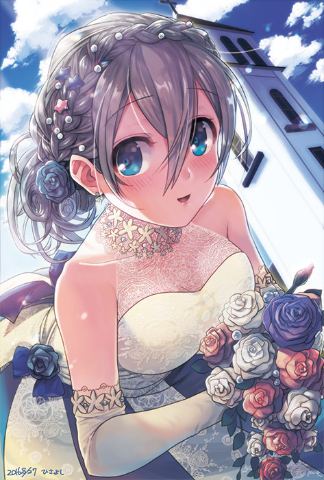 1girl 2016 blue_eyes blush bouquet braid crown_braid dated dress ensemble_girls! flower gloves grey_hair hair_bun hair_ornament hisayoshi_(hisa) holding holding_bouquet long_hair looking_at_viewer open_mouth pearl_hair_ornament solo star_(symbol) star_hair_ornament tokikuni_sora translation_request wedding_dress white_dress white_gloves