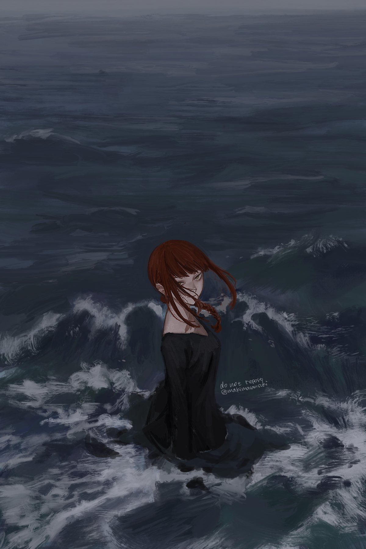 1girl bangs black_dress chainsaw_man dress floating_hair foaming_waves highres kamo_(kamonegioisi) looking_at_viewer looking_back makima_(chainsaw_man) medium_hair partially_submerged redhead ringed_eyes solo twitter_username waves yellow_eyes