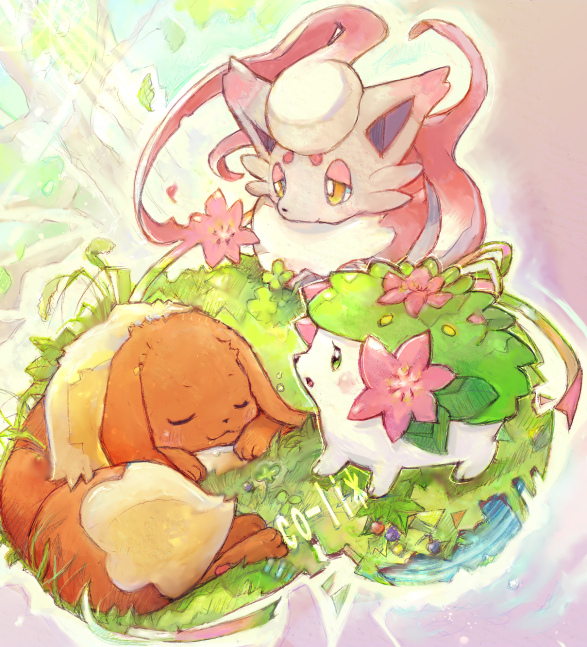 artist_name blush clover co-li_star eevee flower grass hisuian_zorua no_humans pink_flower pokemon pokemon_(creature) shaymin sleeping yellow_eyes