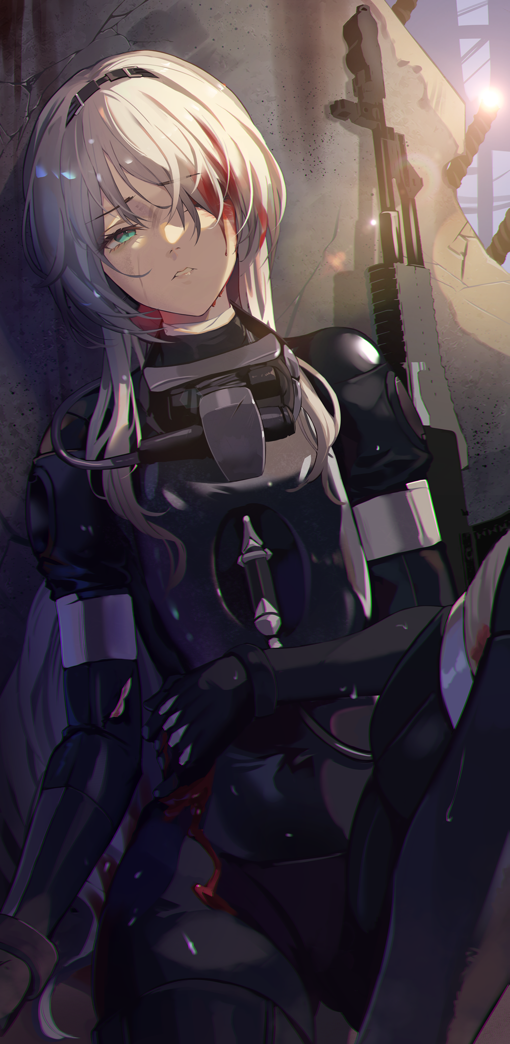 1girl an-94 an-94_(girls'_frontline) assault_rifle black_gloves black_hairband bleeding blood clutching_chest dying girls_frontline gloves green_eyes gun hairband highres lens_flare niac rifle robot rubble solo torn_clothes weapon white_hair