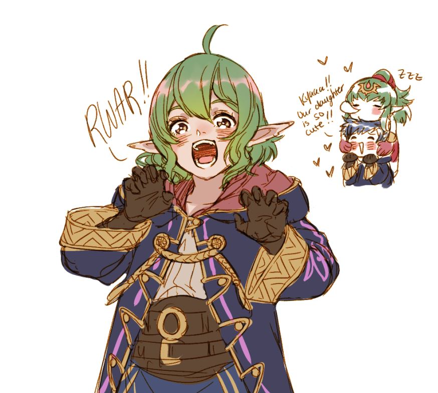 1boy 2girls ahoge bangs black_coat blue_hair blush blush_stickers brown_gloves chibi closed_eyes coat commentary_request cropped_torso english_text father_and_daughter fire_emblem fire_emblem_awakening gloves green_eyes green_hair grey_shirt heart hood hood_down hooded_coat husband_and_wife krazehkai long_hair looking_at_viewer morgan_(female)_(fire_emblem) morgan_(fire_emblem) mother_and_daughter multiple_girls nose_bubble pointy_ears ponytail red_gloves robin_(fire_emblem) robin_(male)_(fire_emblem) shirt simple_background sleeping teeth tiki_(adult)_(fire_emblem) tiki_(fire_emblem) white_background zzz