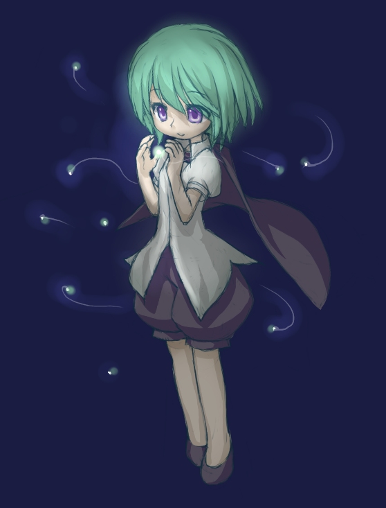 1girl black_cape black_shorts blue_background breasts cape closed_mouth collared_shirt full_body gfrog_(synodontis) green_hair hair_between_eyes medium_hair puffy_pants puffy_short_sleeves puffy_sleeves shirt short_sleeves shorts simple_background small_breasts solo touhou violet_eyes white_shirt wriggle_nightbug