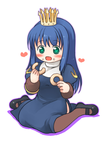 1girl :d bangs black_footwear blue_dress blue_hair blush brown_thighhighs commentary_request crown doughnut dress eating emurin food food_on_face full_body green_eyes habit heart heart-shaped_pupils holding holding_food juliet_sleeves long_hair long_sleeves looking_at_food mary_janes open_mouth priest_(ragnarok_online) puffy_sleeves purple_outline ragnarok_online shoes sidelocks simple_background sitting smile solo symbol-shaped_pupils thigh-highs wariza white_background