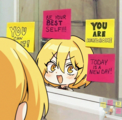 &gt;:) 1girl :d bbunny blonde_hair blush collared_shirt don_quixote_(limbus_company) hair_between_eyes limbus_company lowres mirror open_mouth portrait project_moon reference_inset shirt short_hair smile solo sticky_note v-shaped_eyebrows yellow_eyes