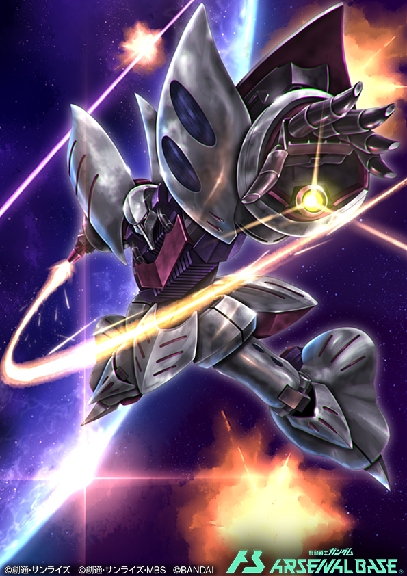 beam_saber energy_sword explosion gomibako_(shirokumatei) gundam gundam_arsenal_base holding holding_sword holding_weapon laser looking_at_viewer mecha no_humans official_art open_hand planet qubeley robot science_fiction solo sword violet_eyes weapon zeta_gundam