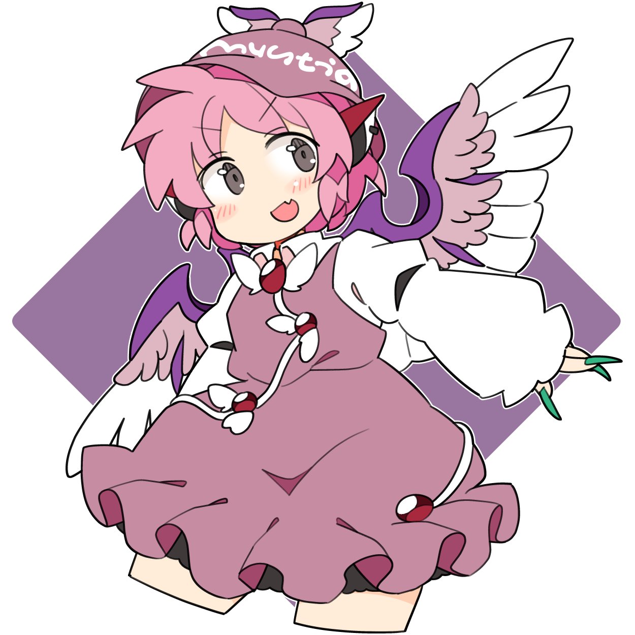 1girl animal_ears bird_ears bird_wings blush brown_dress brown_headwear cowboy_shot cropped_legs dress fang fingernails frilled_dress frills green_nails grey_eyes hat highres ini_(inunabe00) long_fingernails long_sleeves mystia_lorelei nail_polish open_mouth pink_hair sharp_fingernails short_hair skin_fang smile solo touhou white_wings winged_hat wings