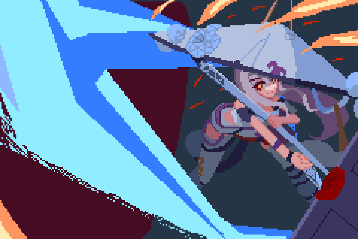 attack brodall_pixel clothing_cutout from_above goddess_of_victory:_nikke grey_hair hat hip_vent holding holding_sword holding_weapon jingasa large_hat leotard long_hair looking_at_viewer pixel_art scarlet_(nikke) slashing sparks sword weapon white_leotard yellow_eyes