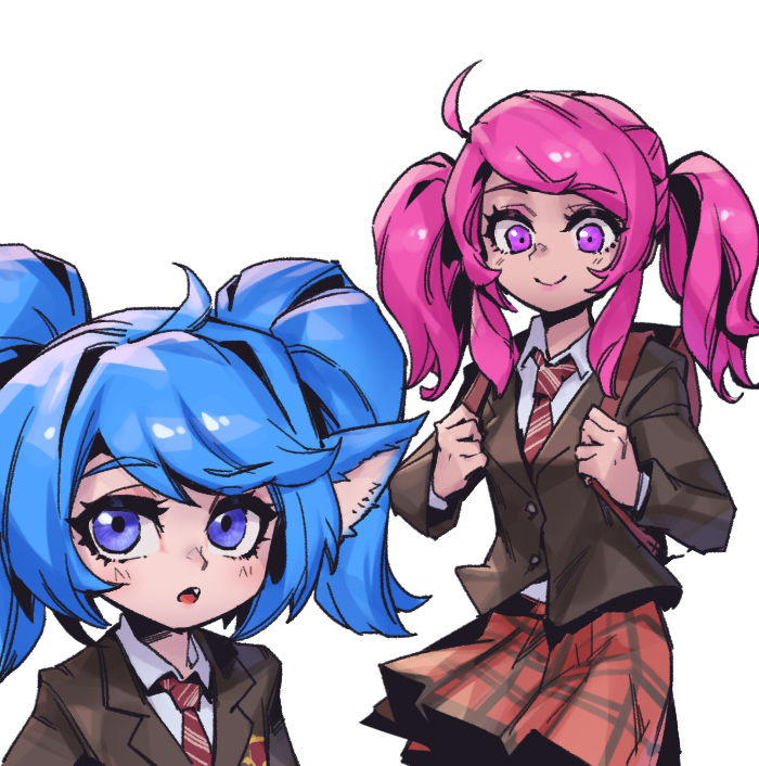 2girls :o alternate_costume bangs blue_hair brown_jacket closed_mouth collared_shirt fang jacket league_of_legends lux_(league_of_legends) multiple_girls necktie open_mouth phantom_ix_row plaid plaid_skirt pointy_ears poppy_(league_of_legends) red_necktie red_skirt school_uniform shirt skirt smile striped_necktie twintails violet_eyes yordle