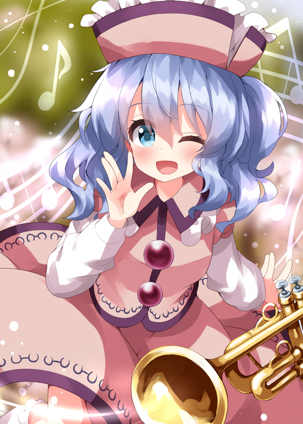 1girl bangs beamed_eighth_notes blue_eyes blush eighth_note hair_between_eyes hat highres instrument long_sleeves looking_at_viewer merlin_prismriver musical_note one_eye_closed open_mouth pink_headwear pink_skirt pink_vest ruu_(tksymkw) short_hair skirt smile solo touhou trumpet vest white_hair