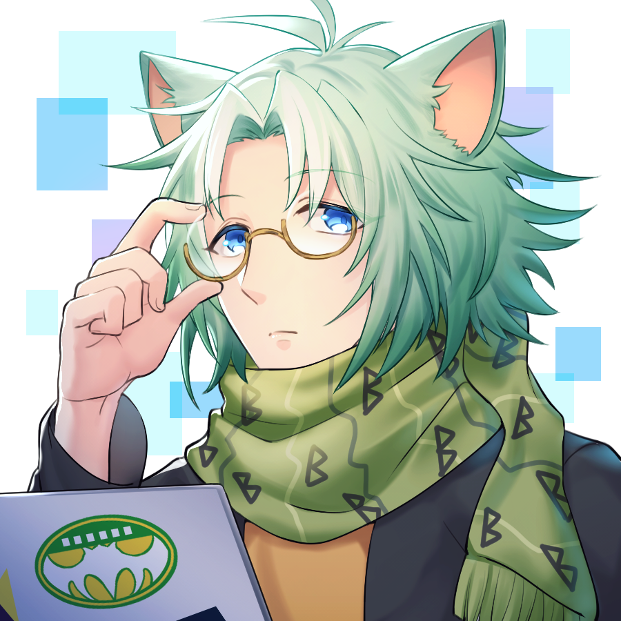 1boy animal_ears black_jacket blue_background blue_eyes glasses green_hair green_scarf jacket kusuka_(show_by_rock!!) light_blue_background long_sleeves male_focus mel6969 multicolored_background scarf shirt short_hair show_by_rock!! skunk_boy skunk_ears solo white_background yellow-framed_eyewear yellow_shirt