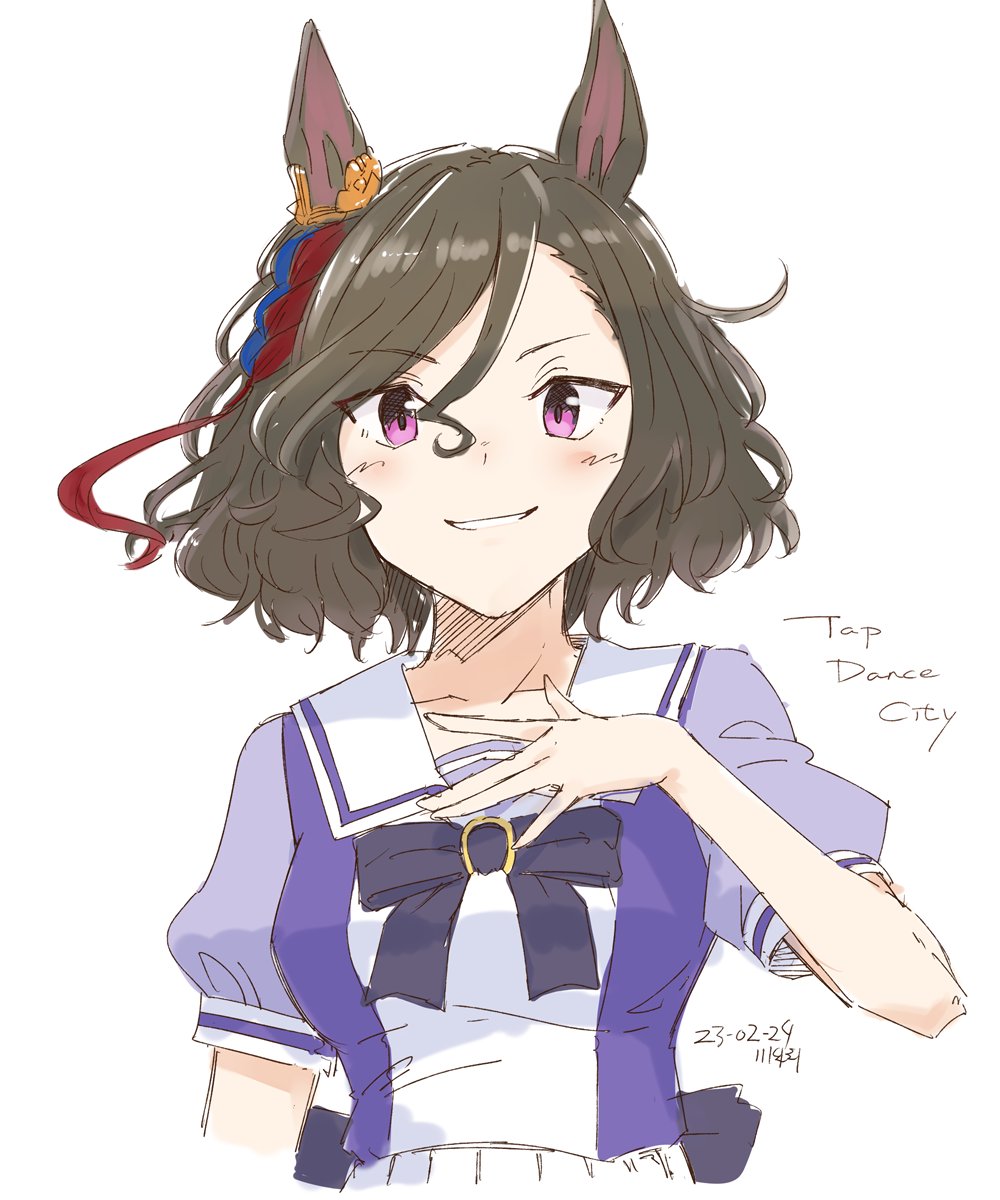 1girl animal_ears artist_name bangs blush bow bowtie braid breasts brown_hair character_name cropped dated hand_on_own_chest highres horse_ears kawashina_(momen_silicon) long_hair looking_at_viewer multicolored_hair puffy_short_sleeves puffy_sleeves purple_shirt sailor_collar school_uniform shirt short_hair short_sleeves skirt small_breasts smile solo streaked_hair swept_bangs tap_dance_city_(umamusume) tracen_school_uniform umamusume upper_body violet_eyes