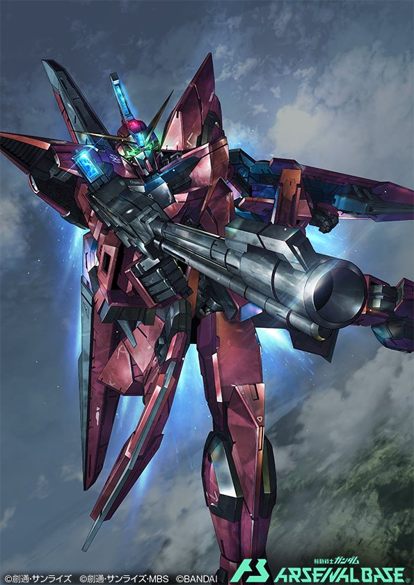 aegis_gundam clenched_hand clouds glint glowing glowing_eyes green_eyes gun gundam gundam_arsenal_base gundam_seed holding holding_gun holding_weapon logo looking_down mecha official_art paintedmike robot sky solo v-fin weapon