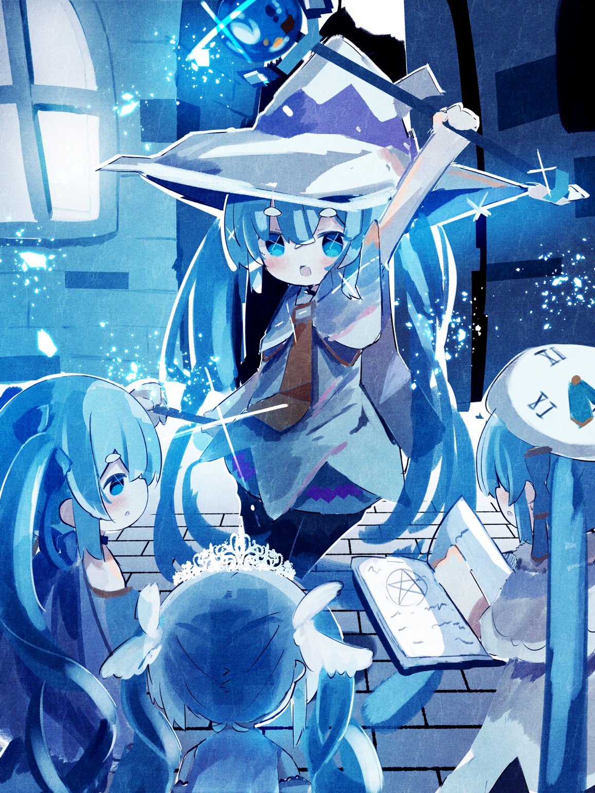 4girls arm_up bare_shoulders beret black_pantyhose blue_bow blue_eyes blue_hair blue_skirt blue_theme book bow brick_floor capelet chibi cloak clock_print commentary dress glowing hair_bow hair_ornament hat hatsune_miku highres holding holding_book holding_wand indoors large_hat light_particles long_hair magic magic_circle multiple_girls multiple_persona necktie open_book open_mouth outstretched_arm pantyhose roman_numeral skirt standing syare_0603 tiara twintails very_long_hair vocaloid wand white_capelet white_cloak white_dress white_headwear window witch_hat yellow_necktie yuki_miku yuki_miku_(2014) yuki_miku_(2017) yuki_miku_(2019) yuki_miku_(2021)