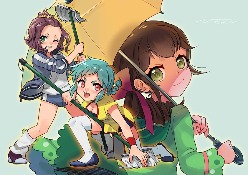 3girls anjou_mai blue_hair braid brown_hair china_dress chinese_clothes closed_mouth dress drill_hair ensemble_girls! green_eyes hisayoshi_(hisa) holding holding_umbrella light_blue_background long_hair looking_at_viewer multiple_girls nagamachi_yae one_eye_closed pink_eyes purple_hair ryusenji_renren side_drill smile umbrella